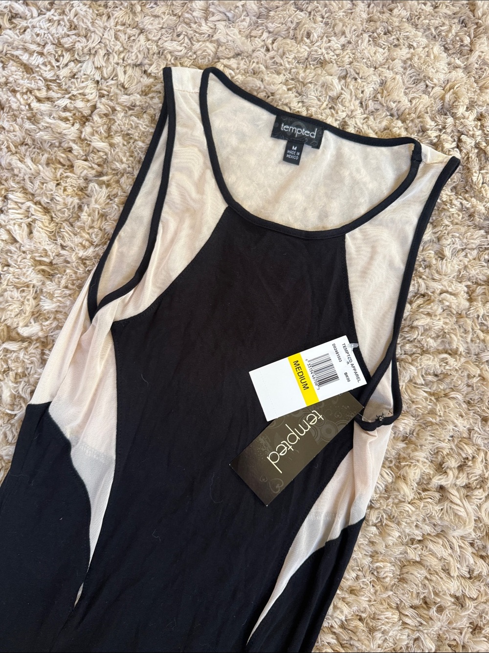 Tempted Black and Cream Mesh-Inset Sleeveless Tank